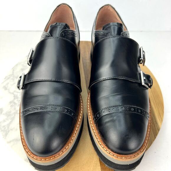 EUC Halogen Black Leather Cap Toe Platform Monk Strap Oxford Shoes Size 8.5 - Picture 2 of 10
